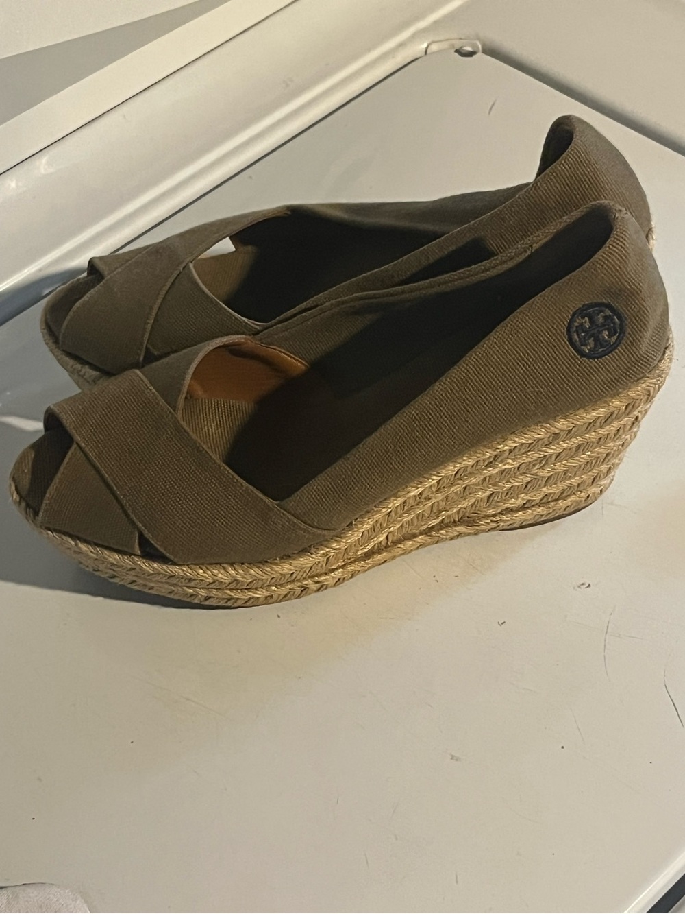 Tory Burch Olive Canvas Espadrille Wedge Peep-Toe